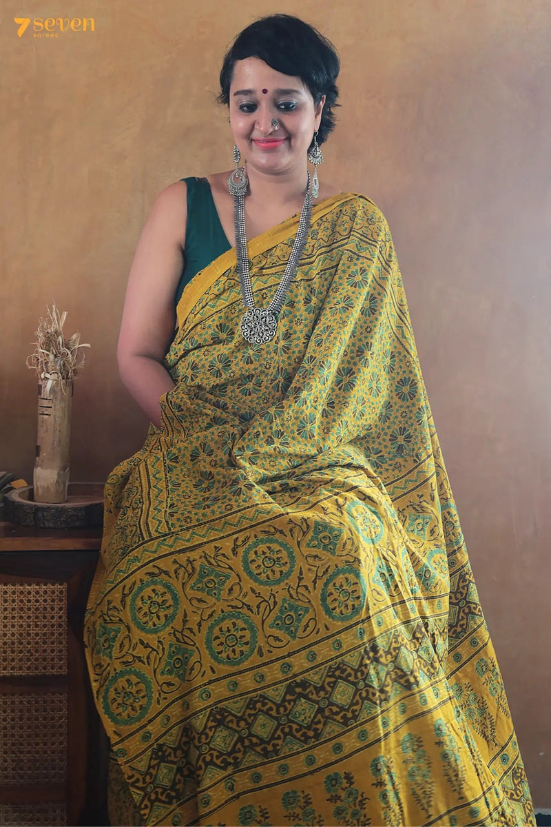 Aaftaab Kutch Yellow Pure Ajrakh Cotton Saree - Seven Sarees - Saree - Seven Sarees