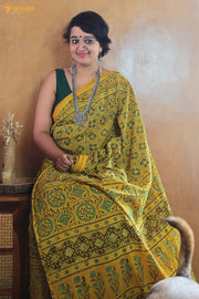 Aaftaab Kutch Yellow Pure Ajrakh Cotton Saree - Seven Sarees - Saree - Seven Sarees