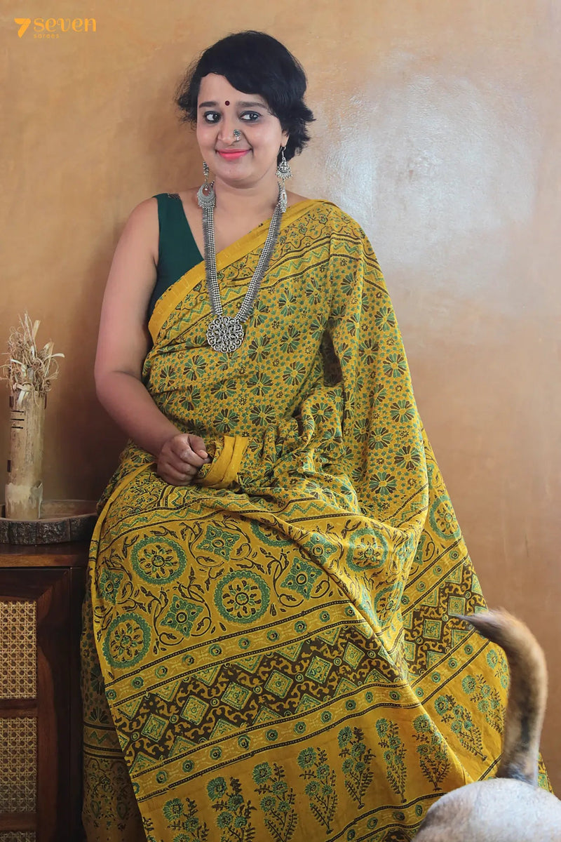 Aaftaab Kutch Yellow Pure Ajrakh Cotton Saree - Seven Sarees - Saree - Seven Sarees