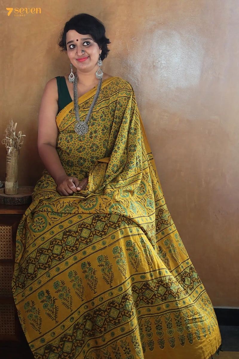 Aaftaab Kutch Yellow Pure Ajrakh Cotton Saree - Seven Sarees - Saree - Seven Sarees