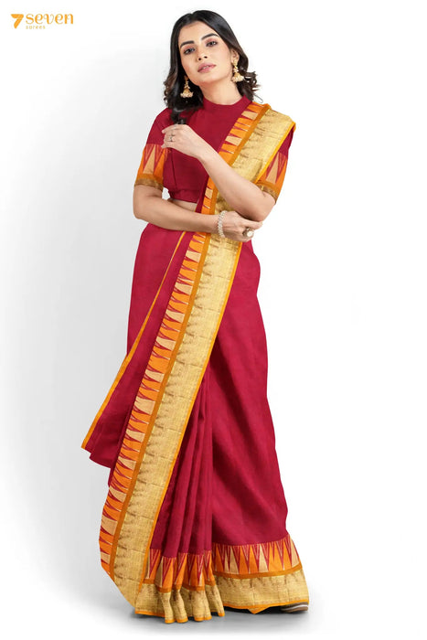 Aarthi Thattu Madurai Red Pure Cotton Saree - Seven Sarees - Saree - Seven Sarees