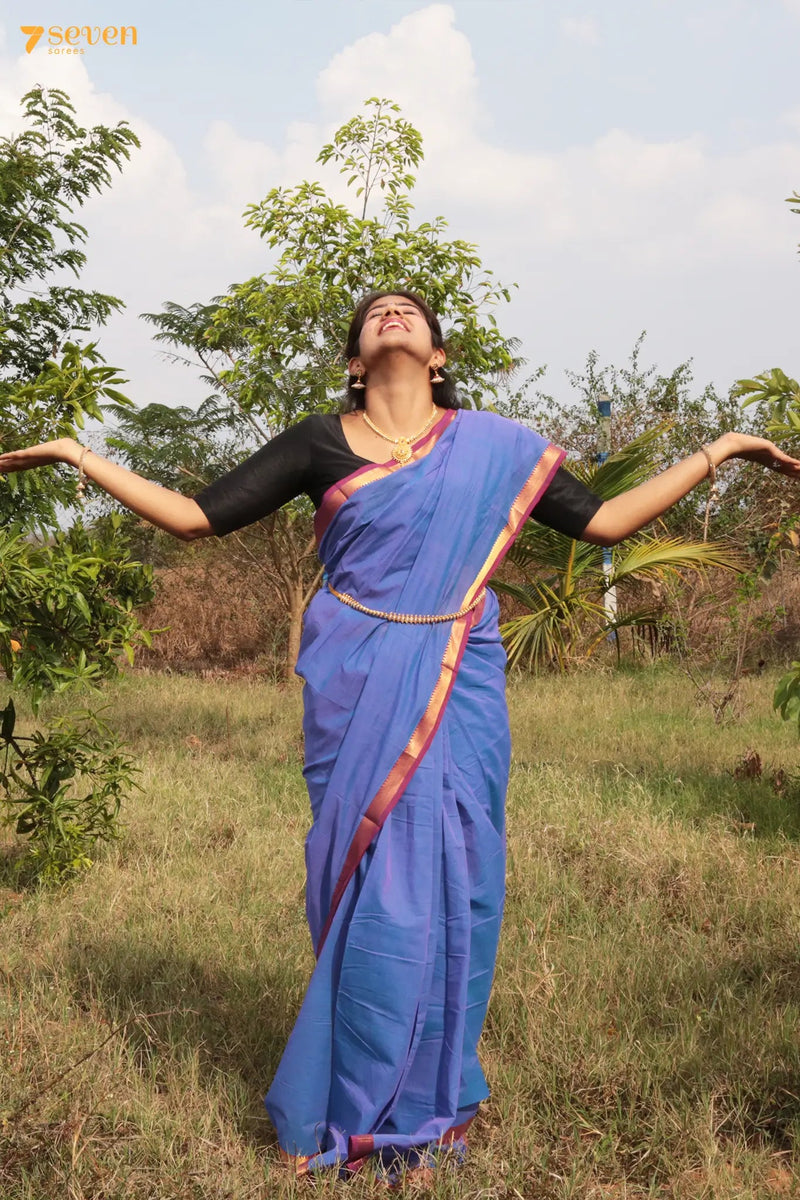 Aditi Mangalagiri Handloom Blue Pure Cotton Saree - Seven Sarees - Saree - Seven Sarees