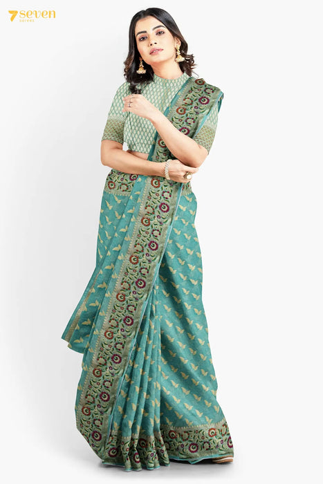 Amala Benaras Green Pure Silk Chiffon Saree | Silk Mark Certified - Seven Sarees - Saree - Seven Sarees