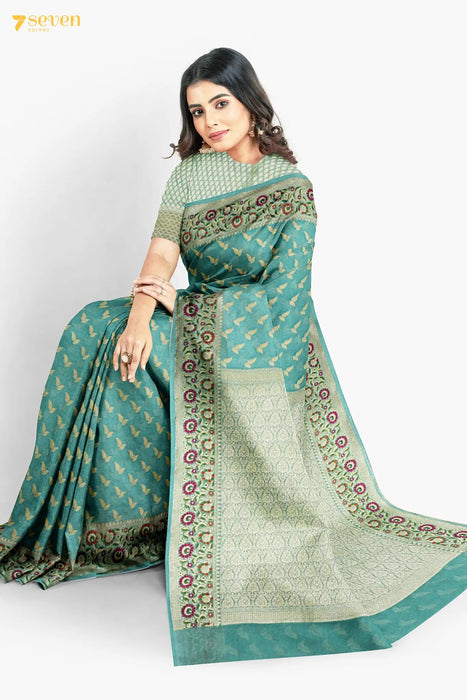 Amala Benaras Green Pure Silk Chiffon Saree | Silk Mark Certified - Seven Sarees - Saree - Seven Sarees