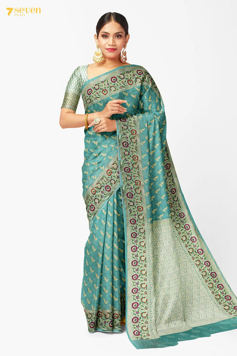 Amala Benaras Green Pure Silk Chiffon Saree | Silk Mark Certified - Seven Sarees - Saree - Seven Sarees