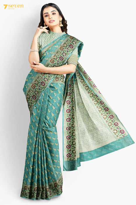 Amala Benaras Green Pure Silk Chiffon Saree | Silk Mark Certified - Seven Sarees - Saree - Seven Sarees