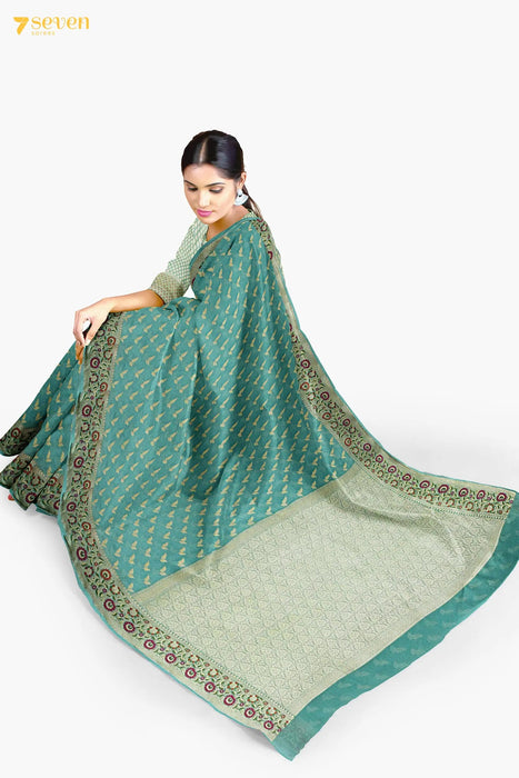 Amala Benaras Green Pure Silk Chiffon Saree | Silk Mark Certified - Seven Sarees - Saree - Seven Sarees