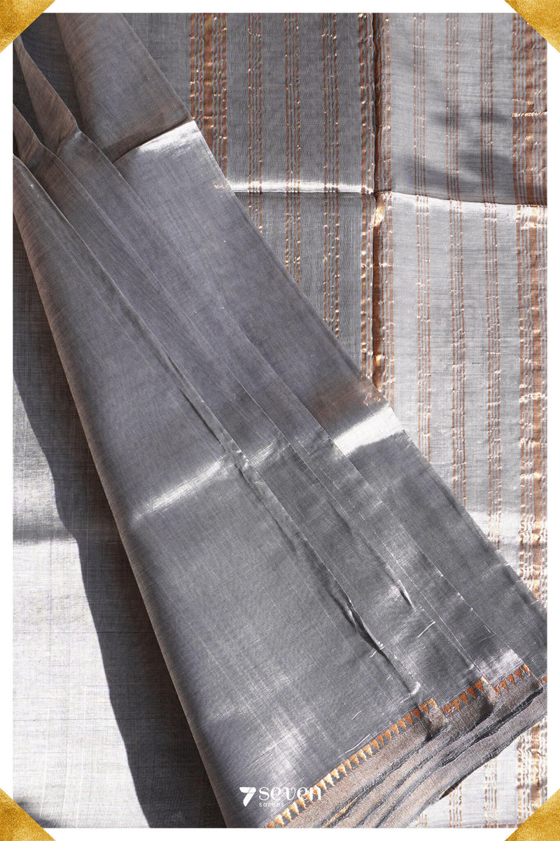 Ashwini Mangalagiri Handloom Grey/Silver Silk-Cotton Saree - Seven Sarees - Saree - Seven Sarees