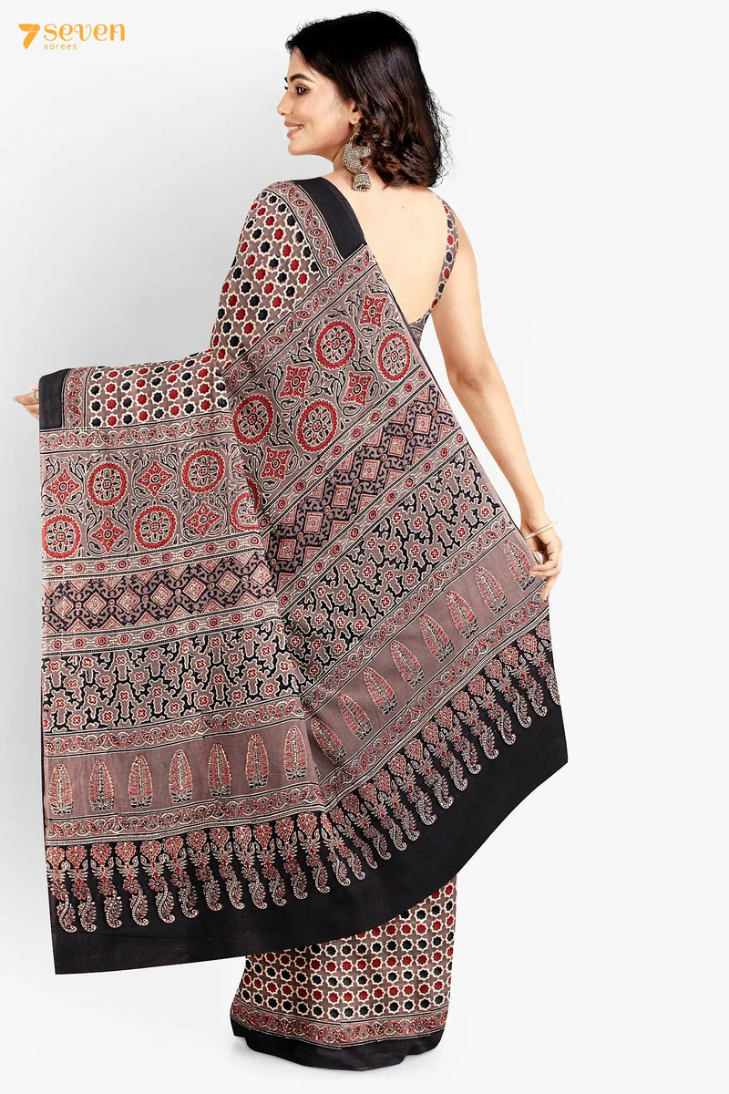 Bareeq Kutch Red Pure Ajrakh Cotton Saree - Seven Sarees - Saree - Seven Sarees