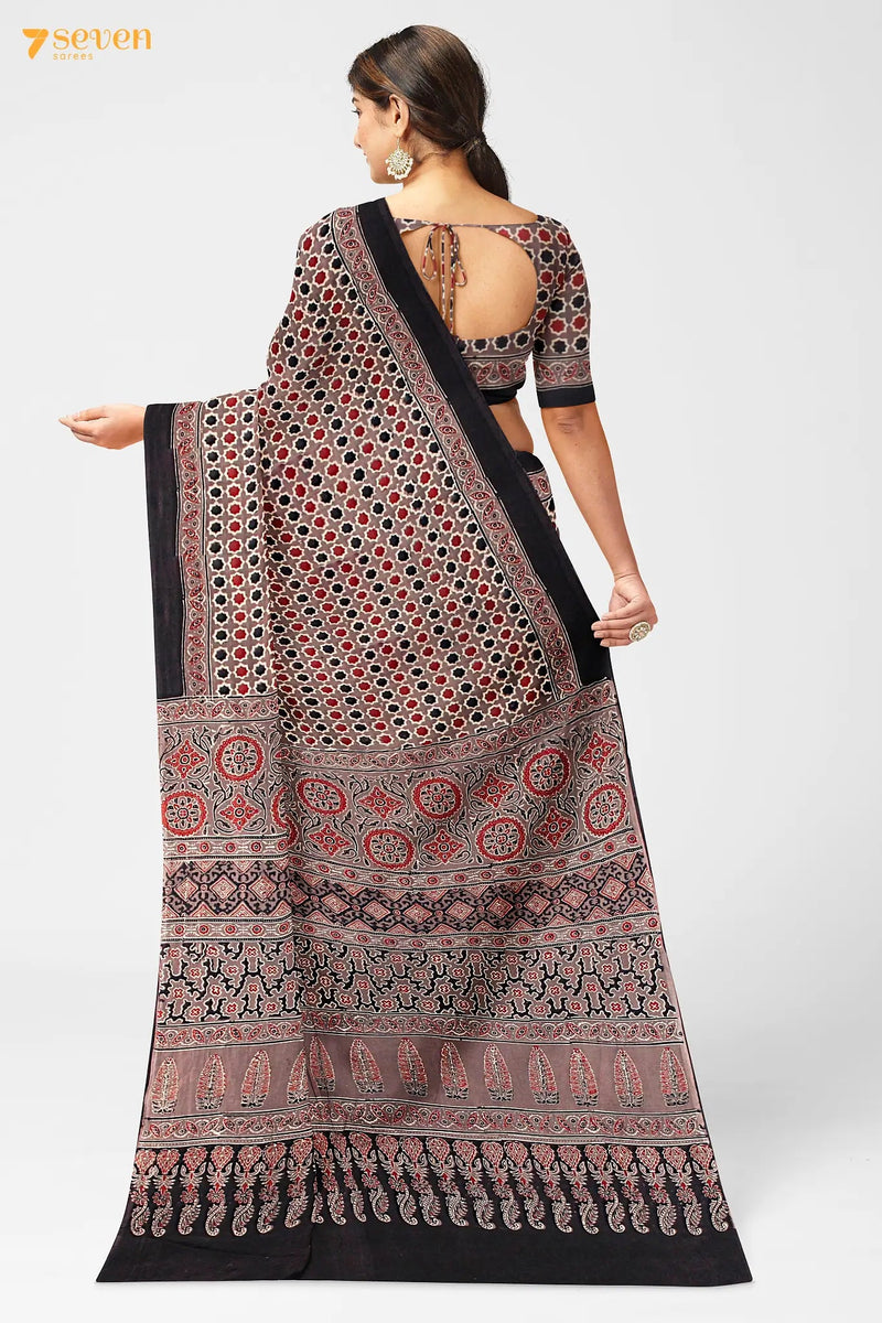 Bareeq Kutch Red Pure Ajrakh Cotton Saree - Seven Sarees - Saree - Seven Sarees