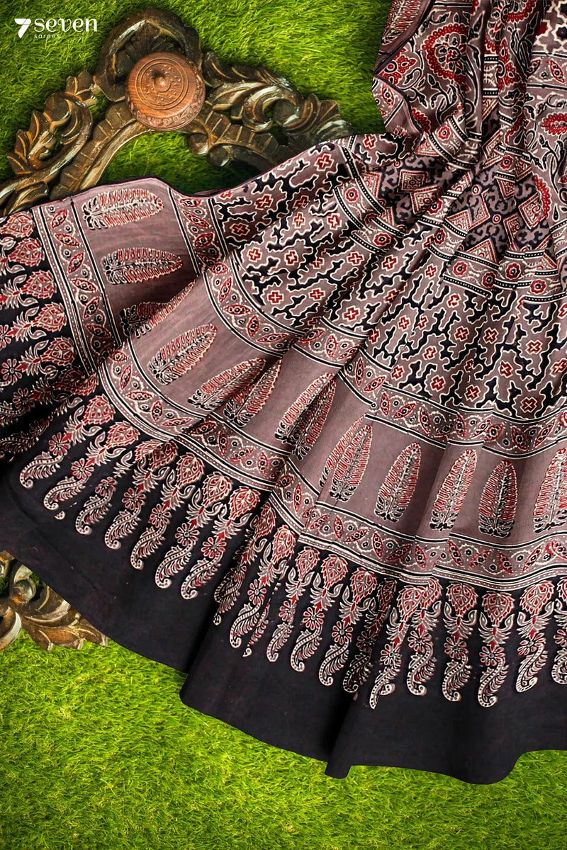 Bareeq Kutch Red Pure Ajrakh Cotton Saree - Seven Sarees - Saree - Seven Sarees