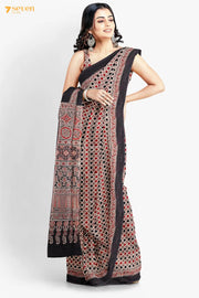 Bareeq Kutch Red Pure Ajrakh Cotton Saree - Seven Sarees - Saree - Seven Sarees