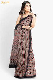 Bareeq Kutch Red Pure Ajrakh Cotton Saree - Seven Sarees - Saree - Seven Sarees