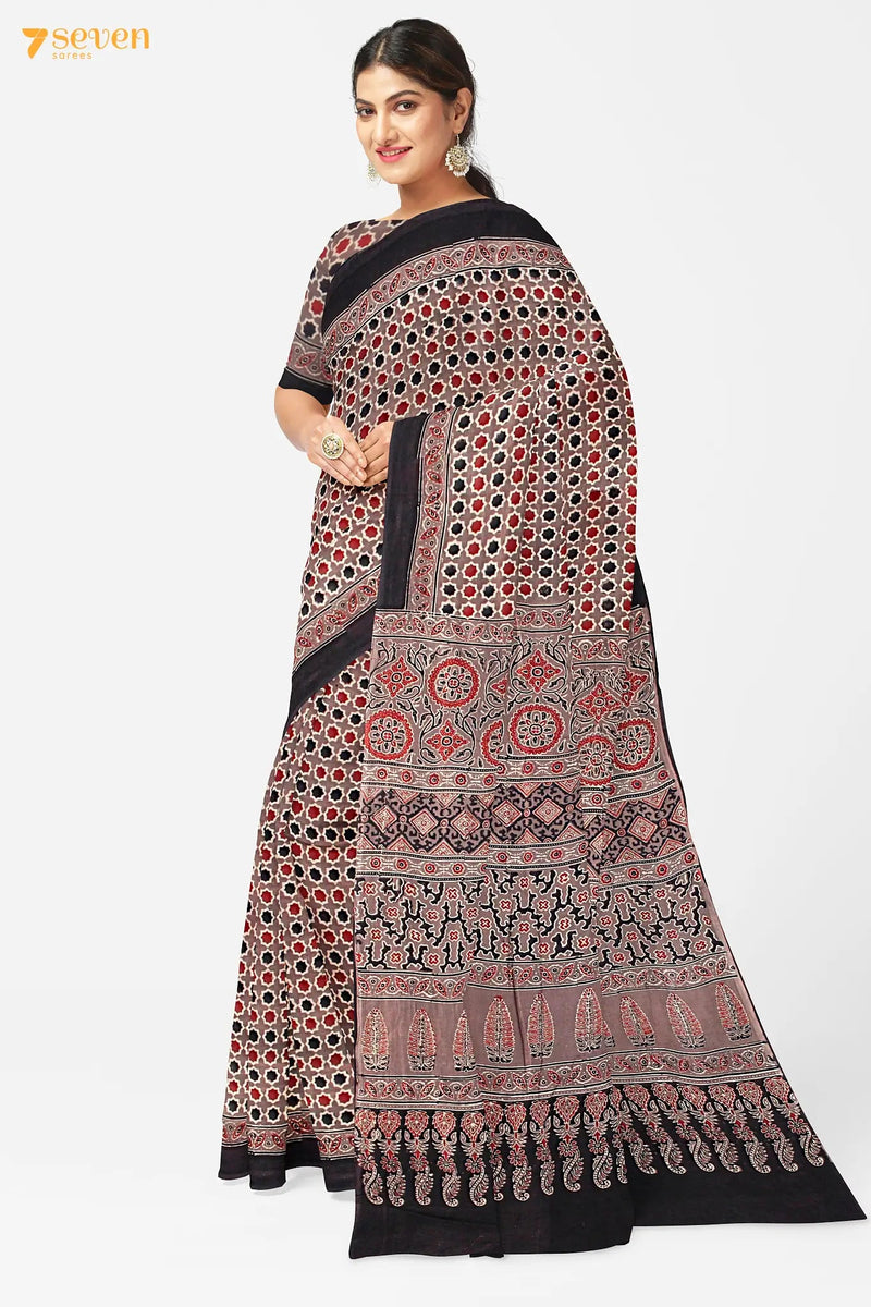 Bareeq Kutch Red Pure Ajrakh Cotton Saree - Seven Sarees - Saree - Seven Sarees