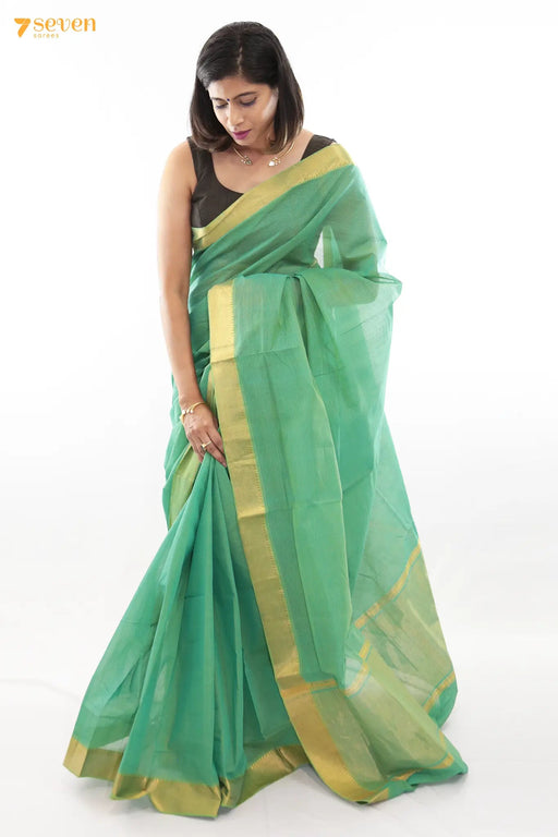 Barni Mangalagiri Handloom Green Pure Cotton Saree - Seven Sarees - Saree - Seven Sarees