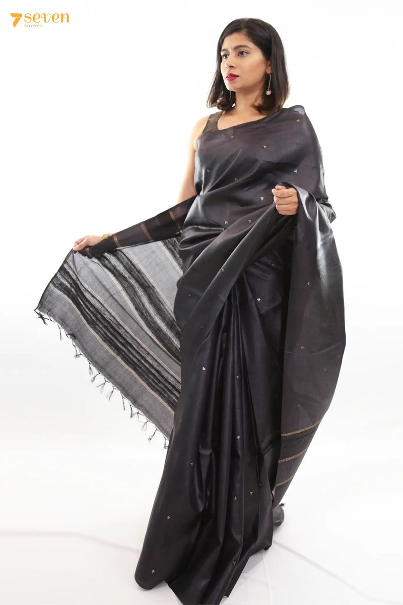 Black Dahlia Chattisgarh Black Pure Tussar Silk saree | Silk Mark Certified - Seven Sarees - Saree - Seven Sarees