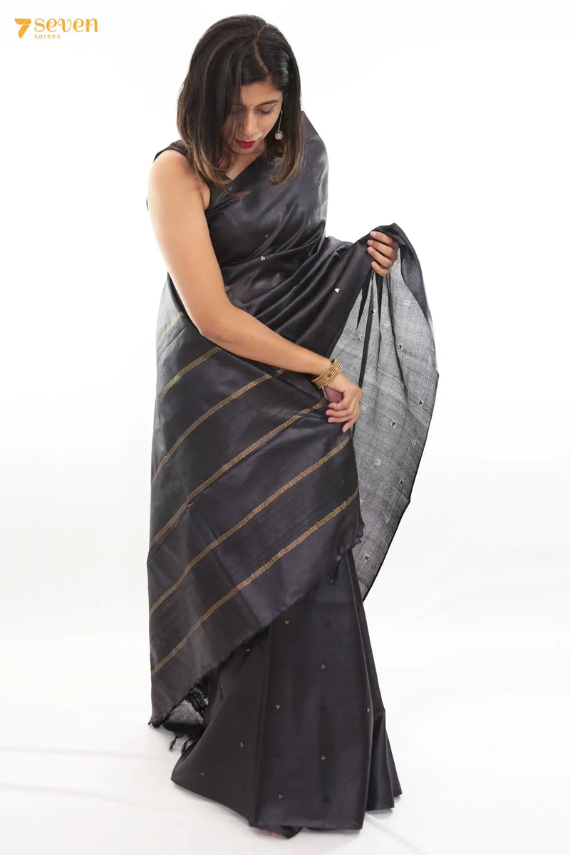 Black Dahlia Chattisgarh Black Pure Tussar Silk saree | Silk Mark Certified - Seven Sarees - Saree - Seven Sarees