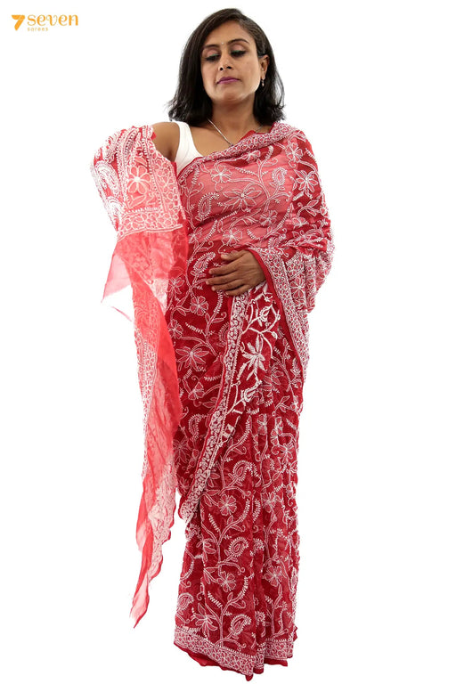 Brick Love Lucknow Red Original Handmade Chikankari Georgette Saree - Seven Sarees - Saree - Seven Sarees