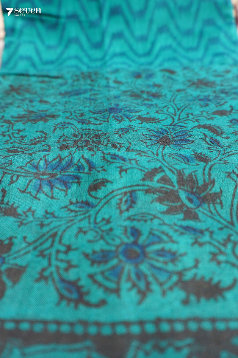 Camanti Hand Block Kalamkari 100% Soft Cotton Bottle Green Saree (Handloom) - Seven Sarees - Saree - Seven Sarees