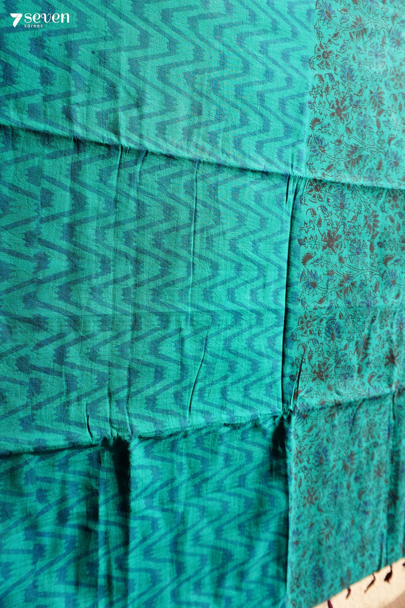 Camanti Hand Block Kalamkari 100% Soft Cotton Bottle Green Saree (Handloom) - Seven Sarees - Saree - Seven Sarees