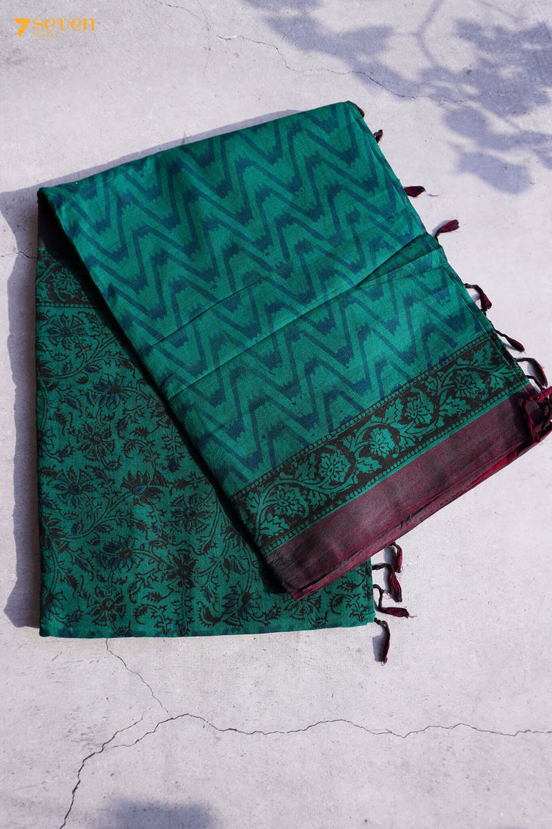 Camanti Hand Block Kalamkari 100% Soft Cotton Bottle Green Saree (Handloom) - Seven Sarees - Saree - Seven Sarees