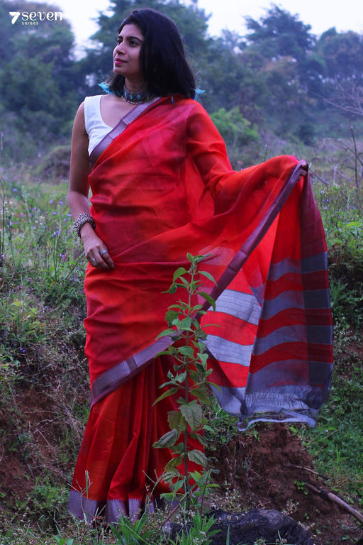 Chandni Red Mangalagiri Handloom Silk Cotton Saree - Seven Sarees - Saree - Seven Sarees