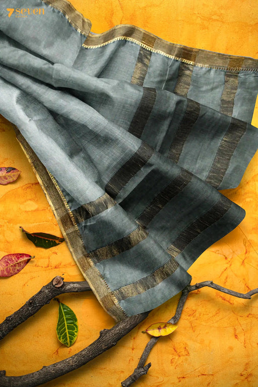 Charcoal Lily Chattisgarh Grey Pure Tussar Silk Saree | Silk Mark Certified - Seven Sarees - Saree - Seven Sarees