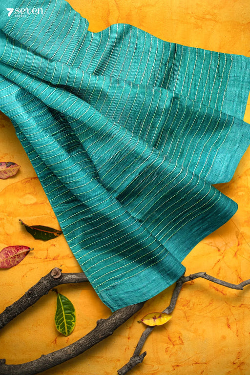 Chui Mui Chattisgarh Teal Pure Tussar Silk Saree | Silk Mark Certified - Seven Sarees - Saree - Seven Sarees