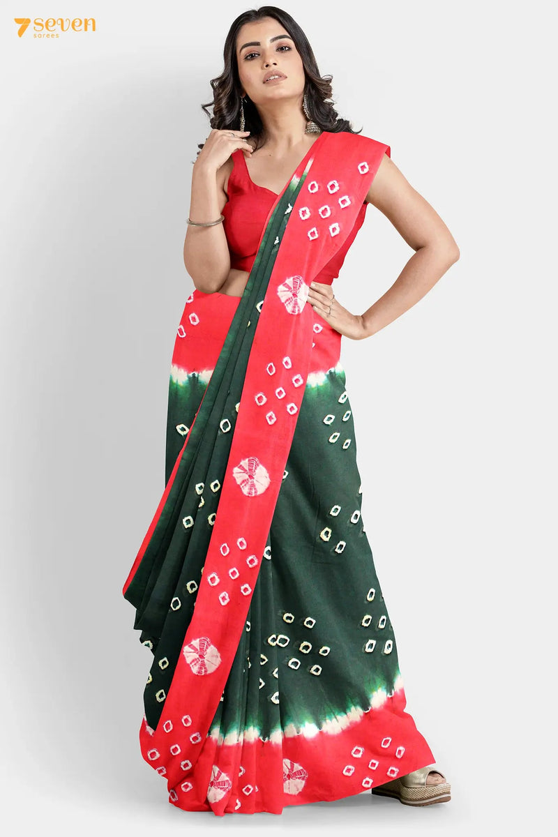Chupan Madurai Red and Green Pure Cotton Sungudi Saree - Seven Sarees - Saree - Seven Sarees