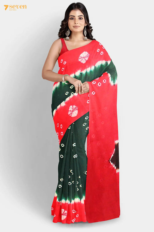 Chupan Madurai Red and Green Pure Cotton Sungudi Saree - Seven Sarees - Saree - Seven Sarees