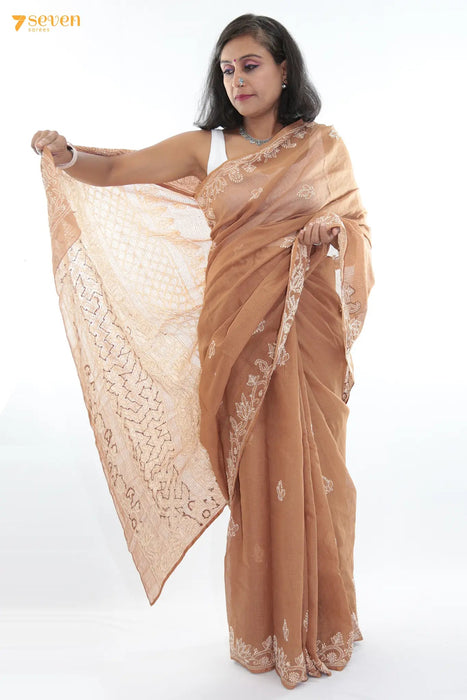 Earthy mornings Lucknow Brown Original Handmade Chikankari Pure Kota Cotton Saree - Seven Sarees - Saree - Seven Sarees