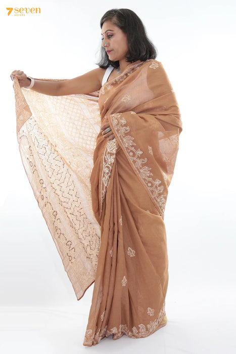 Earthy mornings Lucknow Brown Original Handmade Chikankari Pure Kota Cotton Saree - Seven Sarees - Saree - Seven Sarees