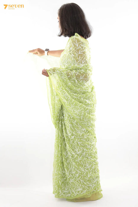 First Love Lucknow Green Original Tepchi Georgette Saree - Seven Sarees - Saree - Seven Sarees