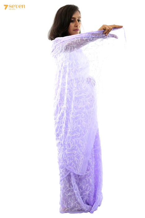 Flying Swans Lucknow Purple Original Tepchi Chikankari Georgette Saree - Seven Sarees - Saree - Seven Sarees