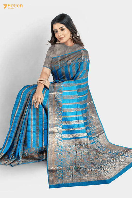Ganga Benaras Blue Pure Silk Saree | Silk Mark Certified - Seven Sarees - Saree - Seven Sarees