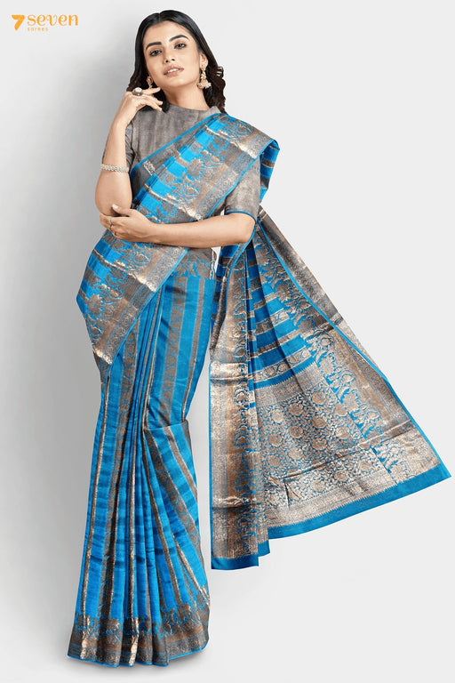 Ganga Benaras Blue Pure Silk Saree | Silk Mark Certified - Seven Sarees - Saree - Seven Sarees