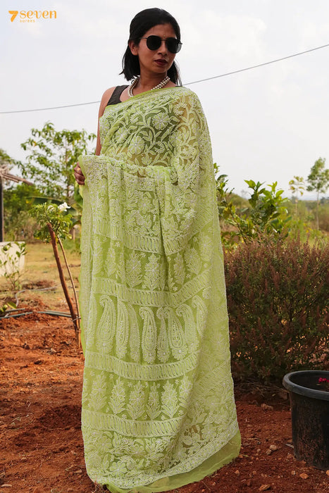 Green is the Color Lucknow Green Original Handmade Chikankari Georgette Saree - Seven Sarees - Saree - Seven Sarees