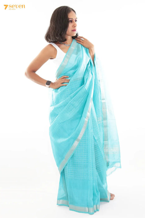 Light blue Kota Cotton Saree with buttas on its body, contrast ikkat style  border & pallu of stripes & designs