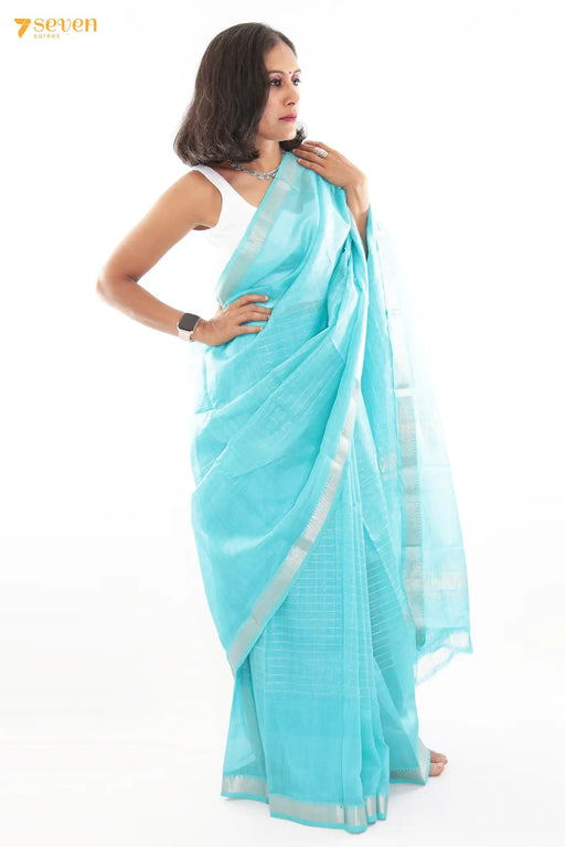 Hanu Mangalagiri Handloom Blue Pure Silk-Cotton Saree - Seven Sarees - Saree - Seven Sarees