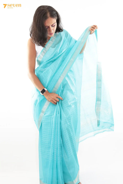 Hanu Mangalagiri Handloom Blue Pure Silk-Cotton Saree - Seven Sarees - Saree - Seven Sarees