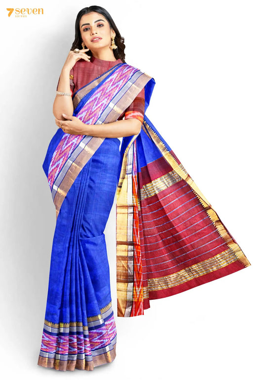 Harivillu Mangalagiri Handloom Blue Silk Cotton Saree - Seven Sarees - Saree - Seven Sarees