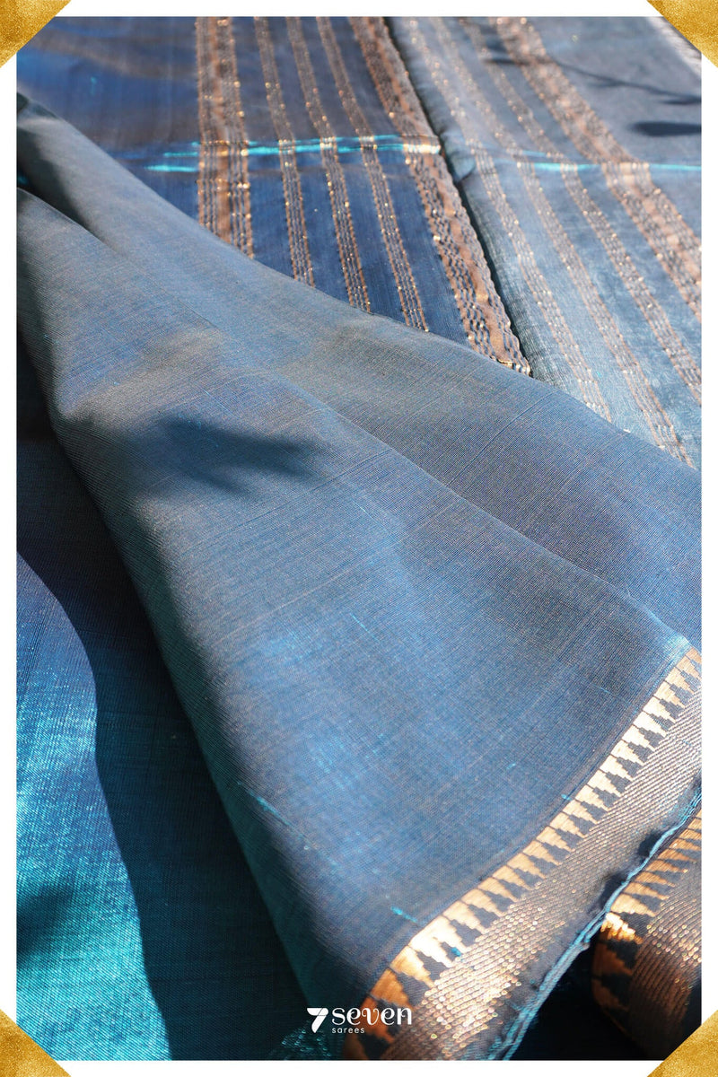 Hema Mangalagiri Handloom Blue Silk-Cotton Saree - Seven Sarees - Saree - Seven Sarees