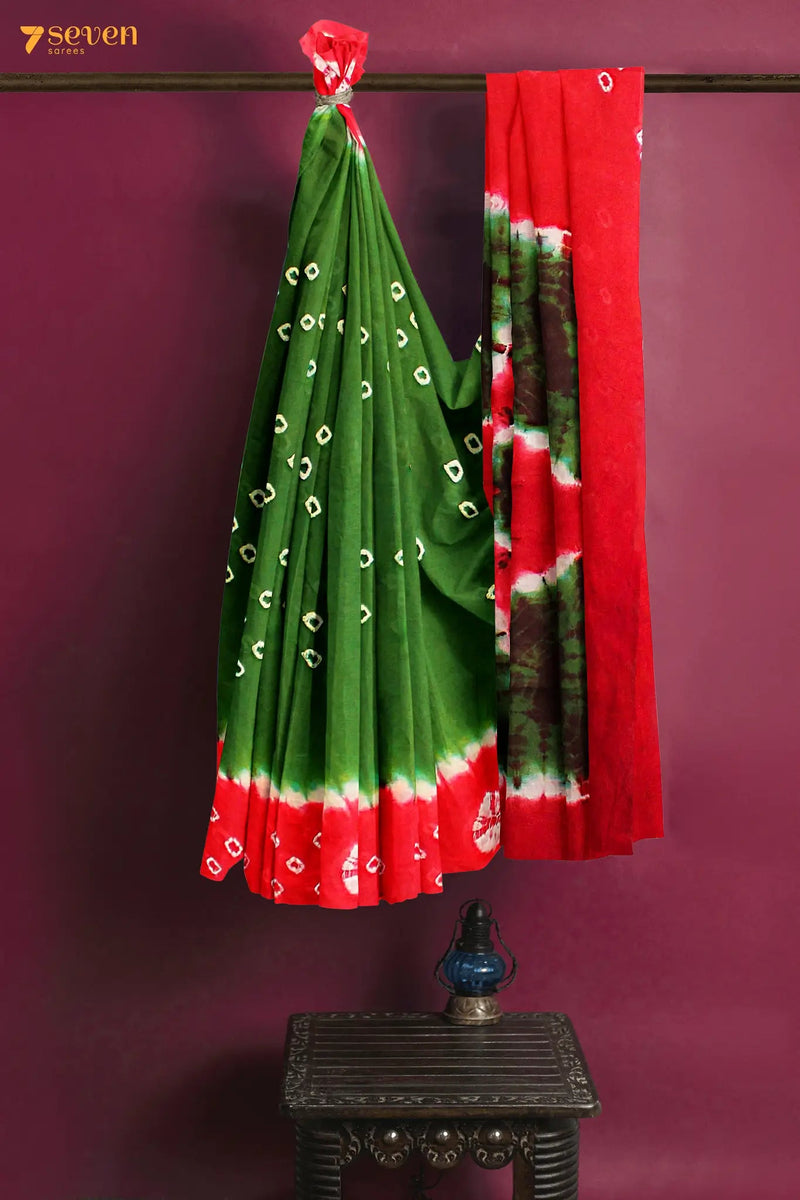 I Spies Madurai Red and Green Pure Cotton Sungudi Saree - Seven Sarees - Saree - Seven Sarees