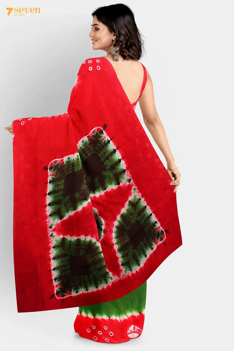 I Spies Madurai Red and Green Pure Cotton Sungudi Saree - Seven Sarees - Saree - Seven Sarees