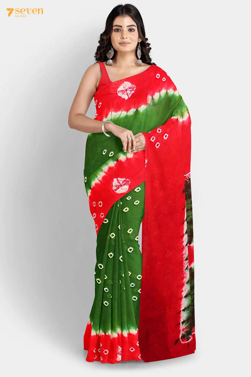 I Spies Madurai Red and Green Pure Cotton Sungudi Saree - Seven Sarees - Saree - Seven Sarees