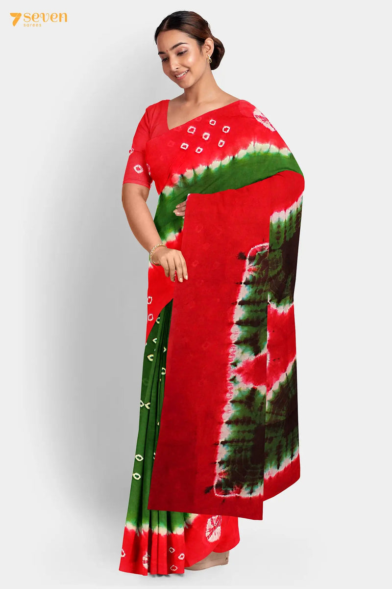 I Spies Madurai Red and Green Pure Cotton Sungudi Saree - Seven Sarees - Saree - Seven Sarees