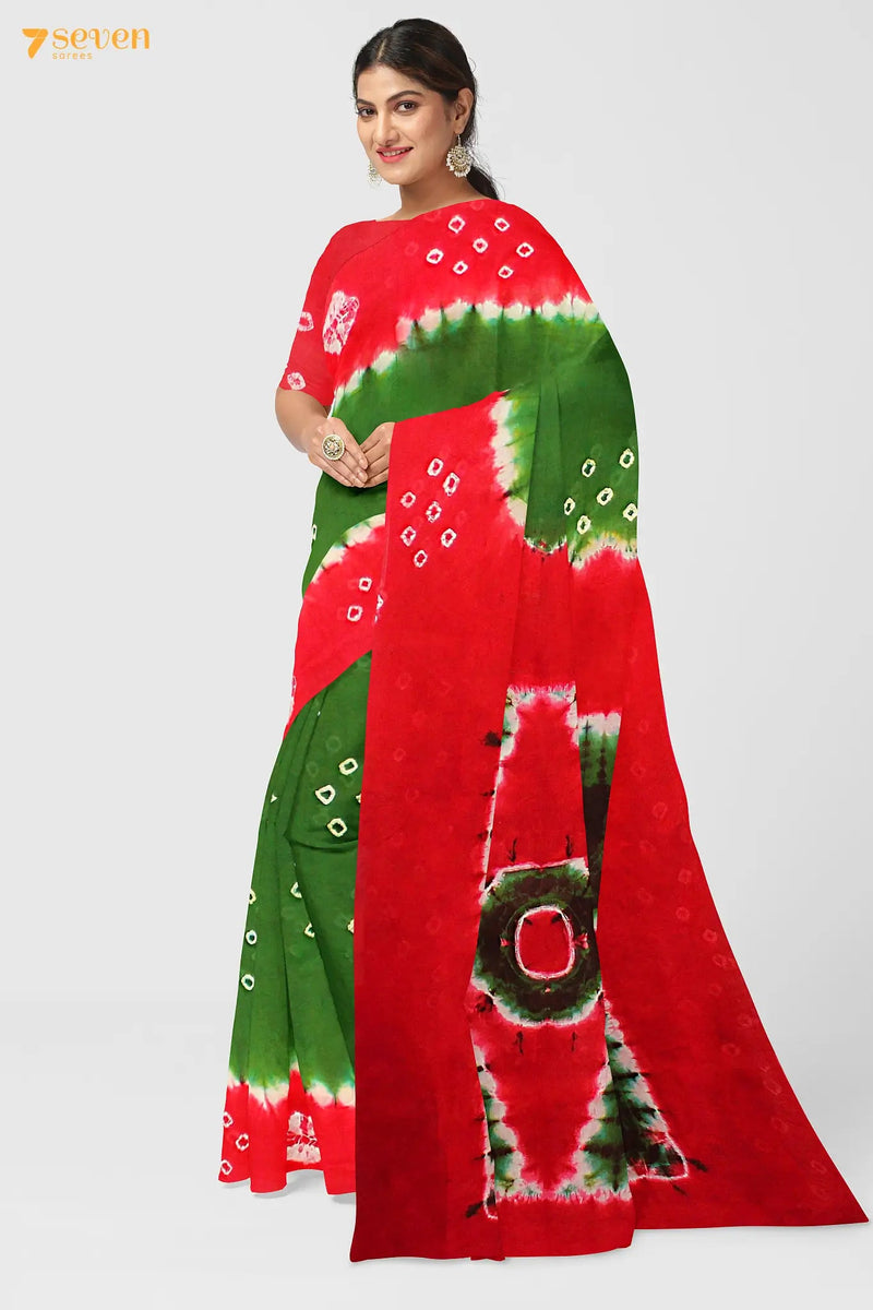 I Spies Madurai Red and Green Pure Cotton Sungudi Saree - Seven Sarees - Saree - Seven Sarees