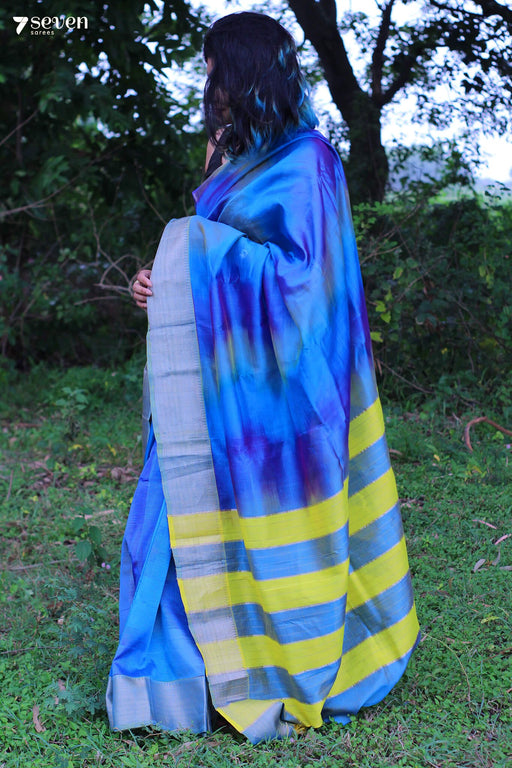 Ishani Blue-Yellow Mangalagiri Handloom Silk Cotton Saree - Seven Sarees - Saree - Seven Sarees