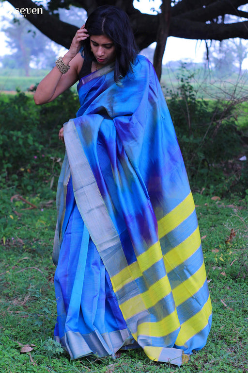Ishani Blue-Yellow Mangalagiri Handloom Silk Cotton Saree - Seven Sarees - Saree - Seven Sarees