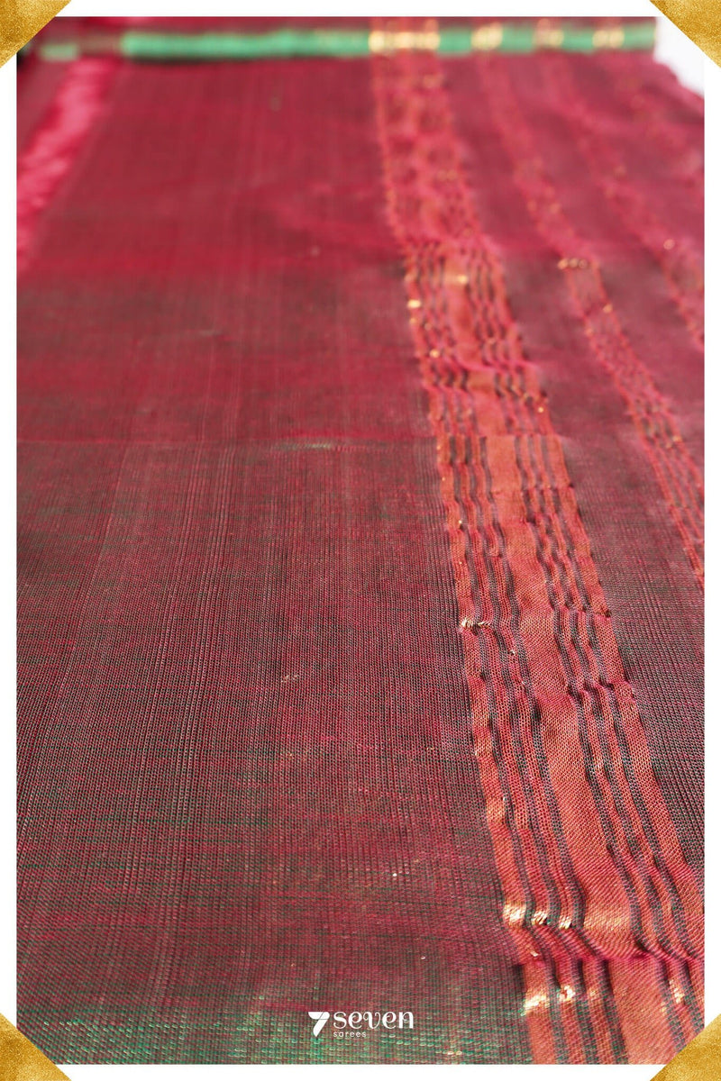 Kamni Mangalagiri Handloom Red/Green Silk-Cotton Saree - Seven Sarees - Saree - Seven Sarees